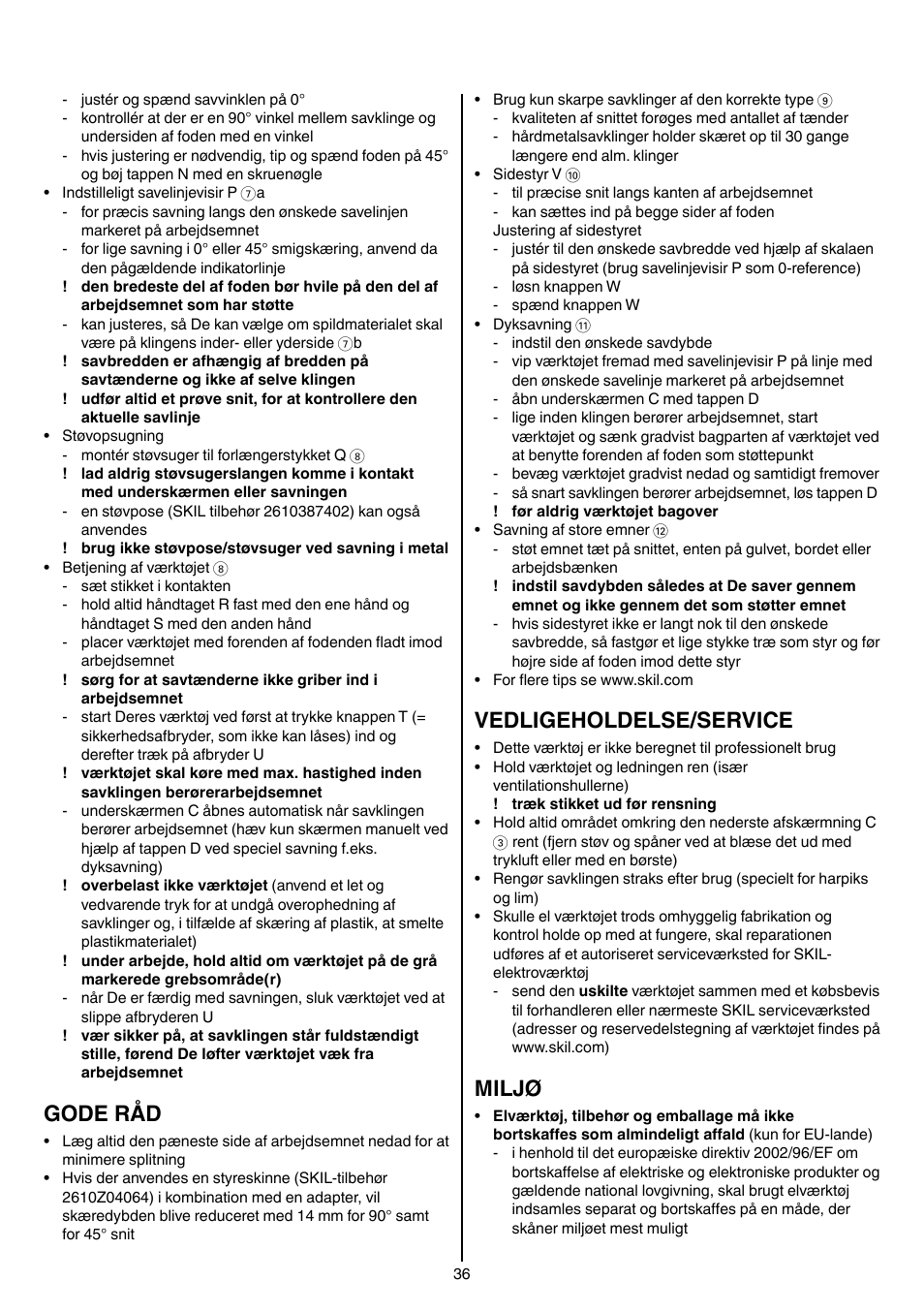 Gode råd, Vedligeholdelse/service, Miljø | Skil 5740 CA User Manual | Page 36 / 172