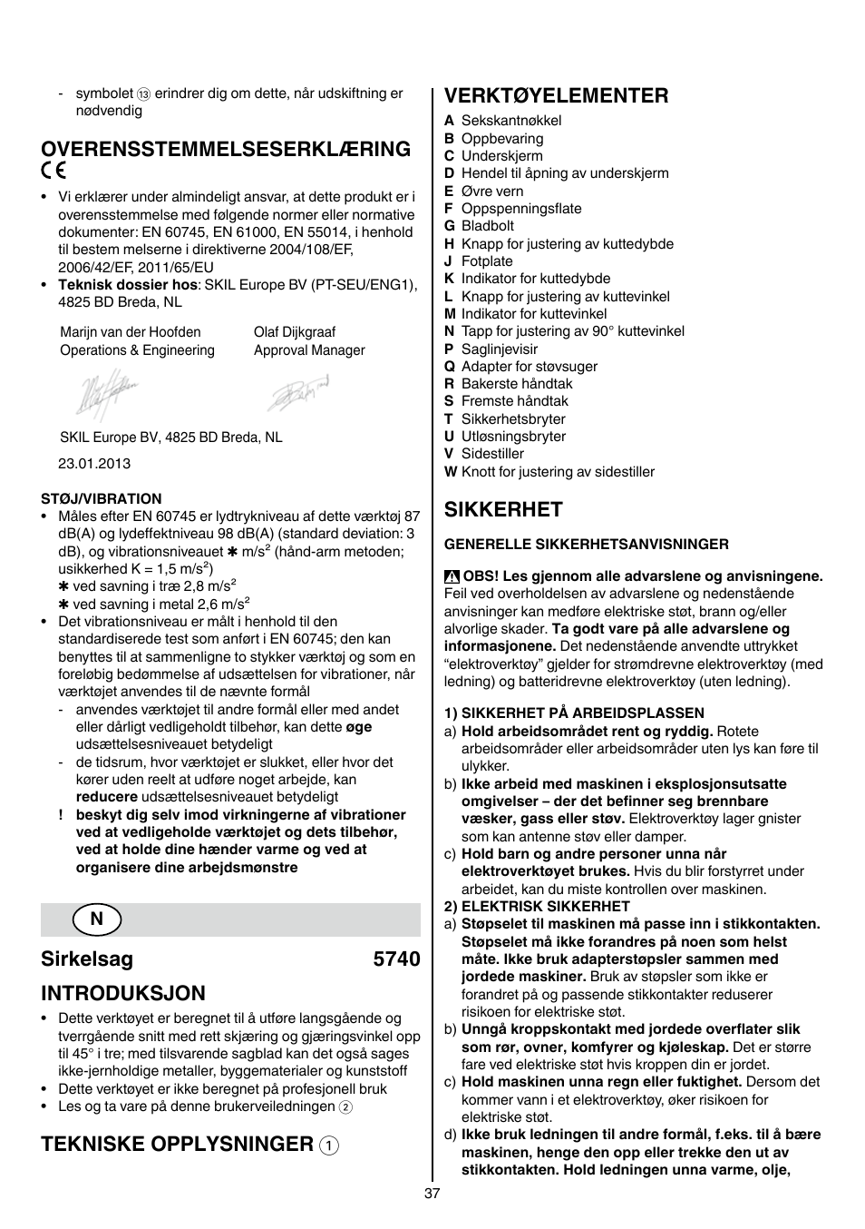Overensstemmelseserklæring, Sirkelsag 5740 introduksjon, Tekniske opplysninger 1 verktøyelementer | Sikkerhet | Skil 5740 CA User Manual | Page 37 / 172