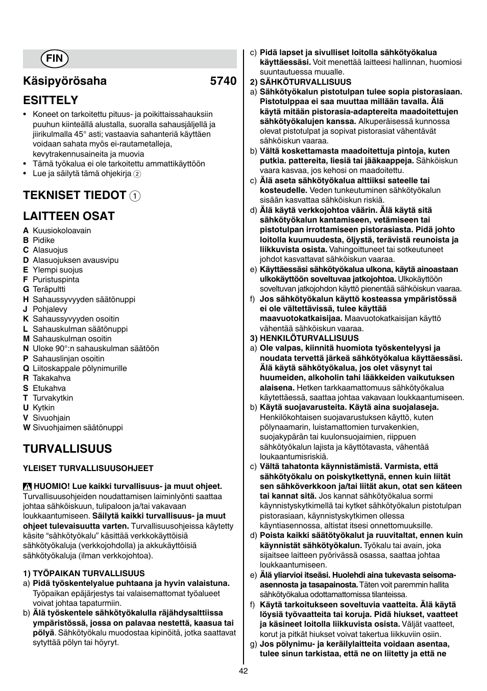 Käsipyörösaha 5740 esittely, Tekniset tiedot 1 laitteen osat, Turvallisuus | Skil 5740 CA User Manual | Page 42 / 172
