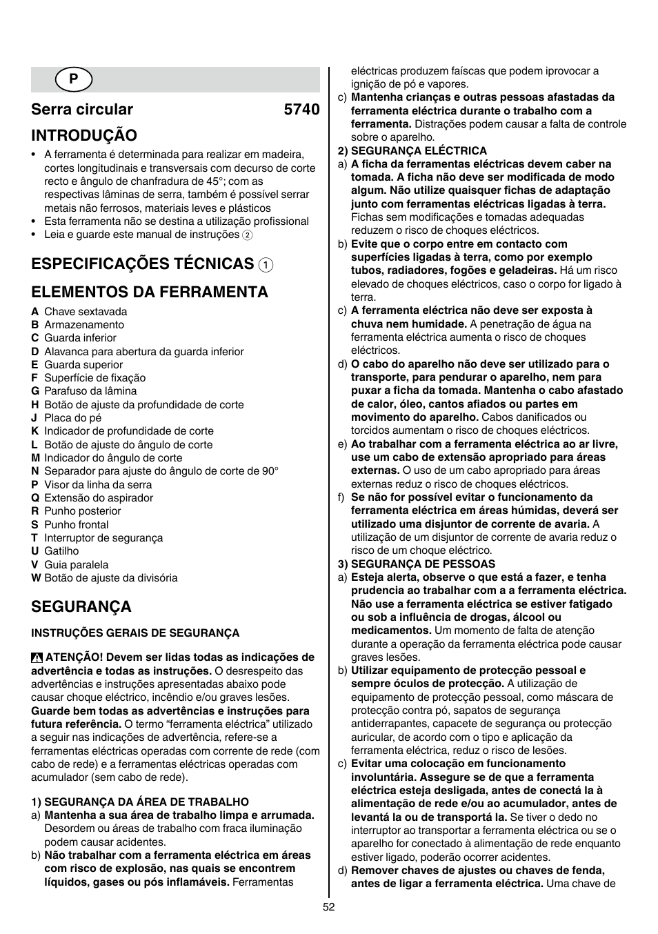 Serra circular 5740 introdução, Especificações técnicas 1 elementos da ferramenta, Segurança | Skil 5740 CA User Manual | Page 52 / 172