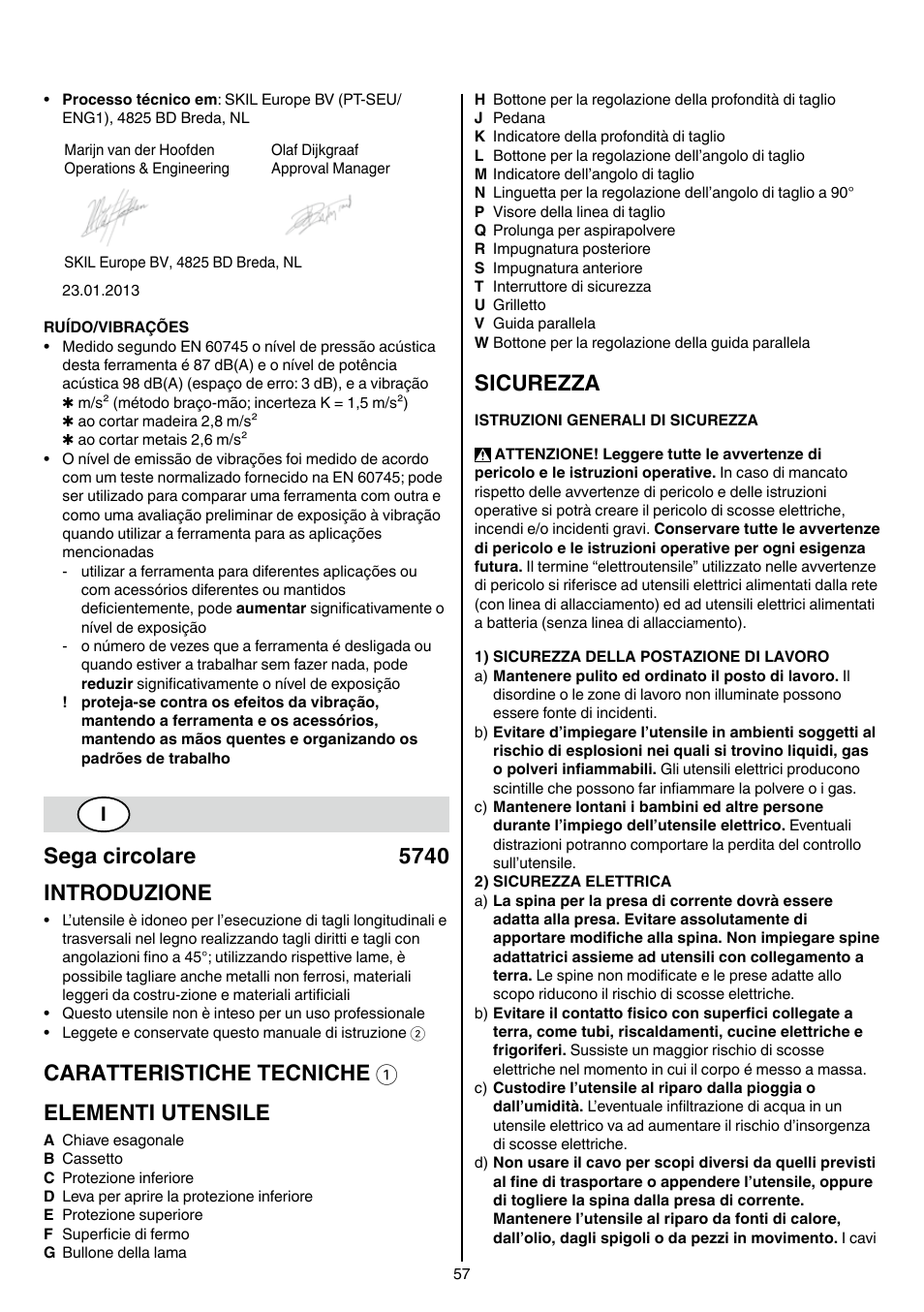 Sega circolare 5740 introduzione, Caratteristiche tecniche 1 elementi utensile, Sicurezza | Skil 5740 CA User Manual | Page 57 / 172