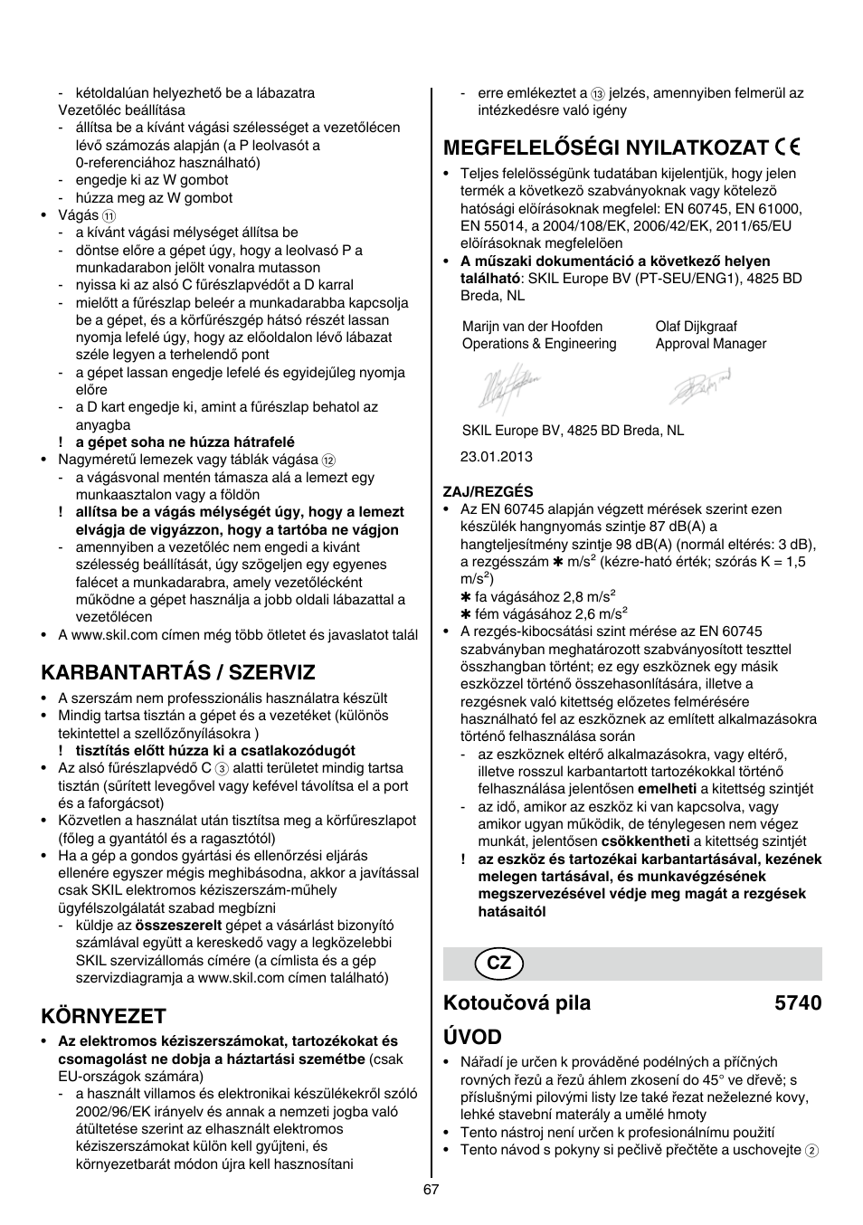 Karbantartás / szerviz, Környezet, Megfelelőségi nyilatkozat | Kotoučová pila 5740 úvod | Skil 5740 CA User Manual | Page 67 / 172