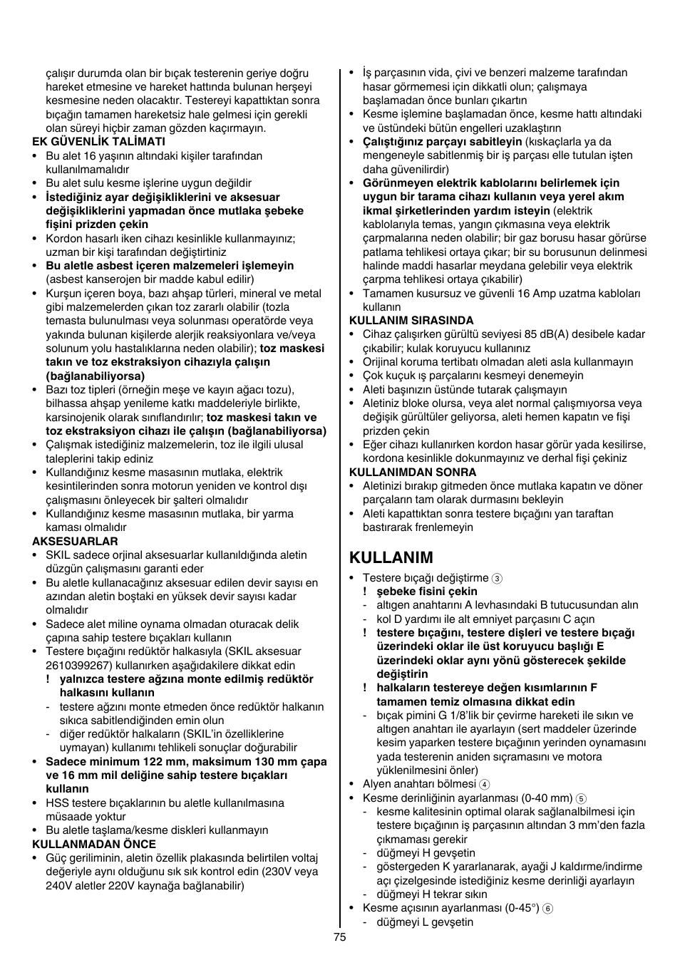 Kullanim | Skil 5740 CA User Manual | Page 75 / 172