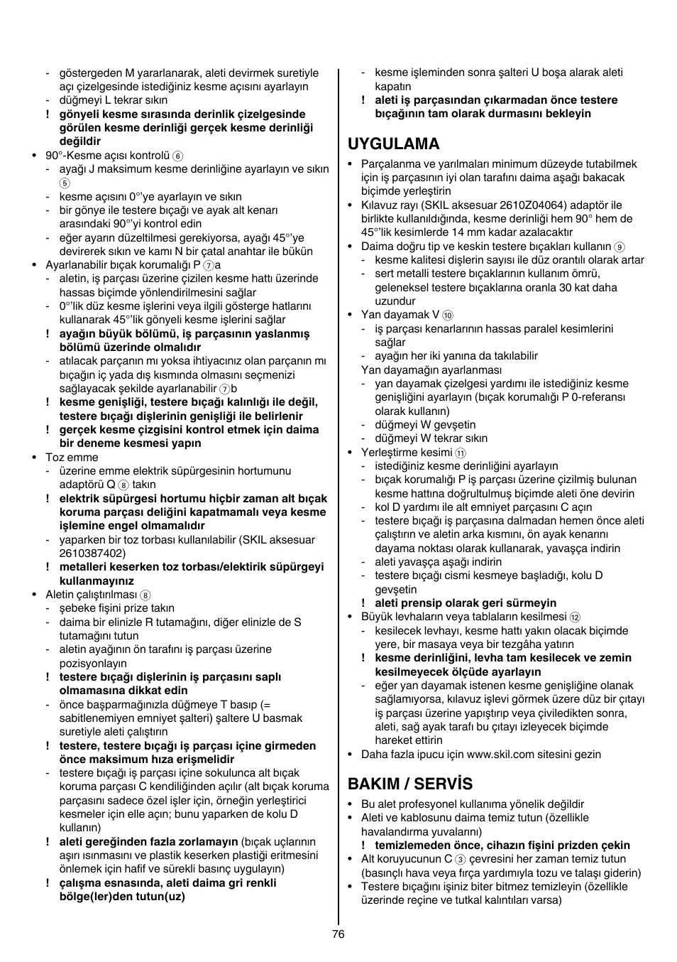 Uygulama, Bakim / servis | Skil 5740 CA User Manual | Page 76 / 172