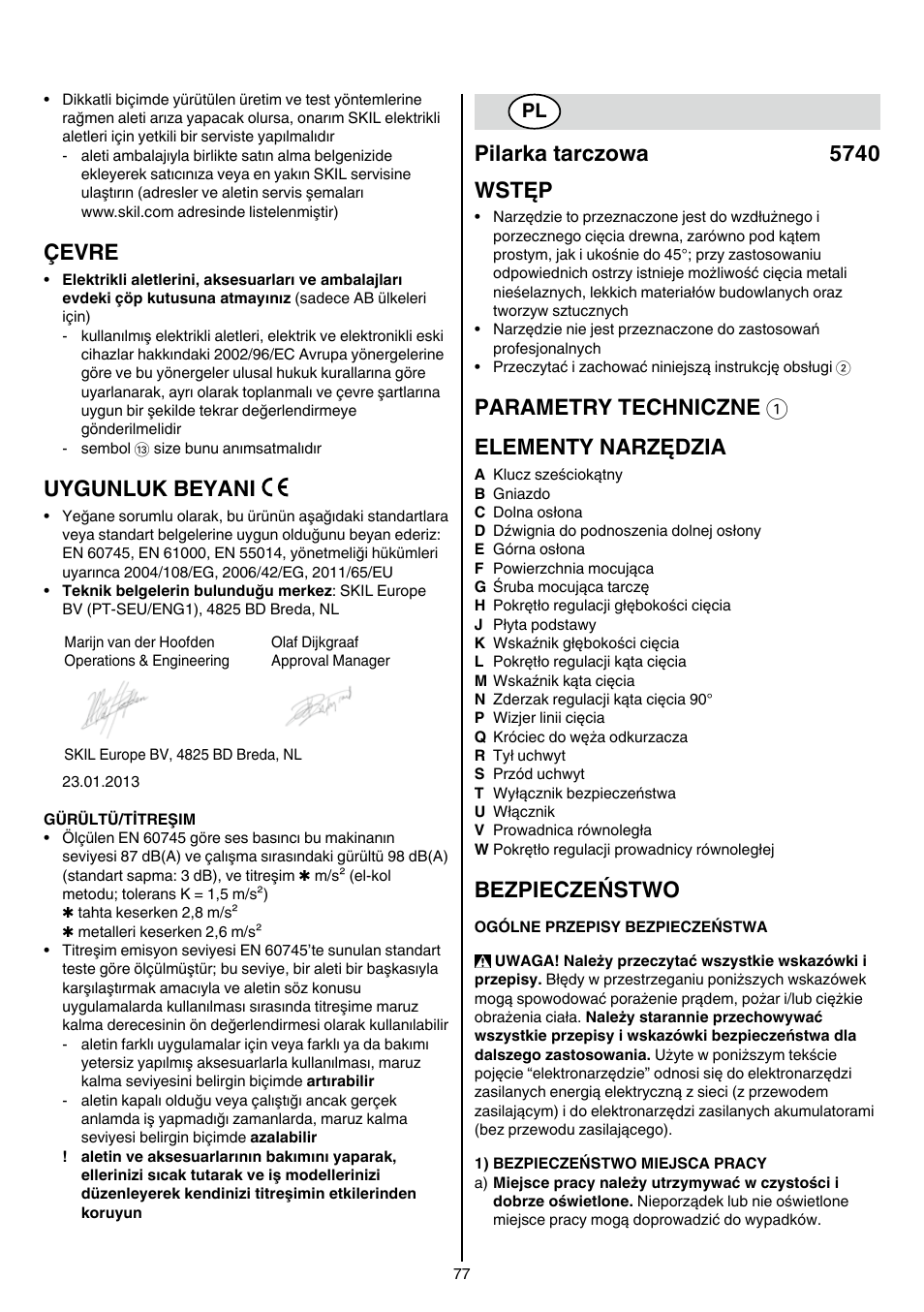 Çevre, Uygunluk beyani, Pilarka tarczowa 5740 wstęp | Parametry techniczne 1 elementy narzędzia, Bezpieczeństwo | Skil 5740 CA User Manual | Page 77 / 172