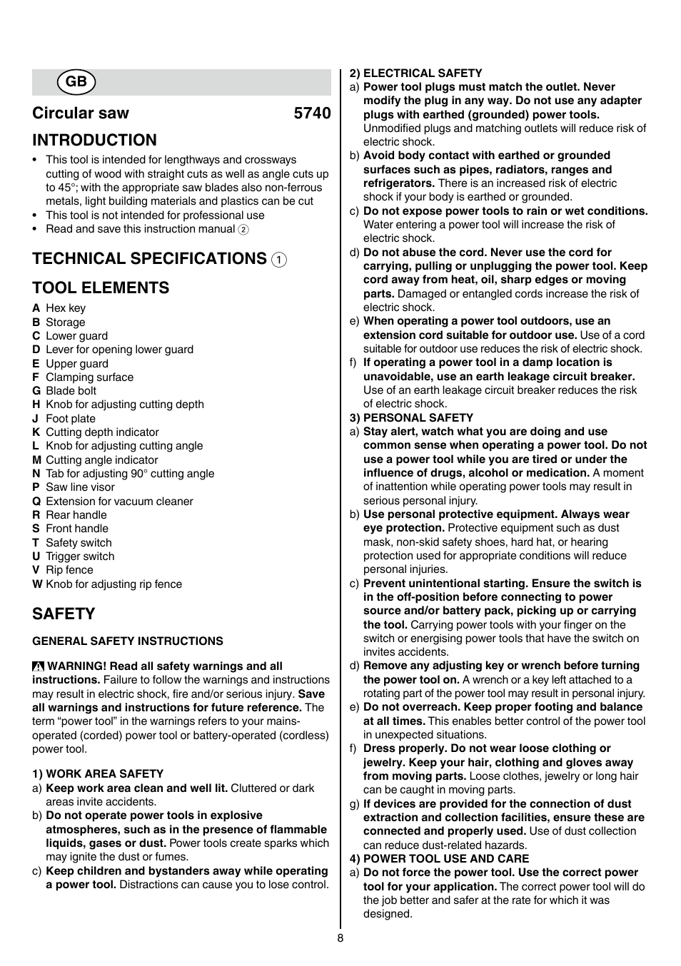 Circular saw 5740 introduction, Technical specifications 1 tool elements, Safety | Skil 5740 CA User Manual | Page 8 / 172