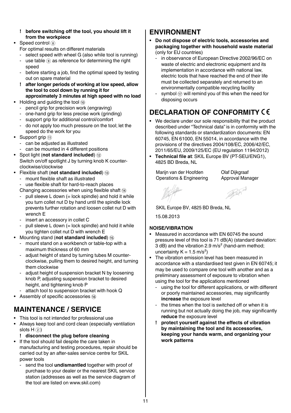 Maintenance / service, Environment, Declaration of conformity | Skil 1415 AC User Manual | Page 11 / 188
