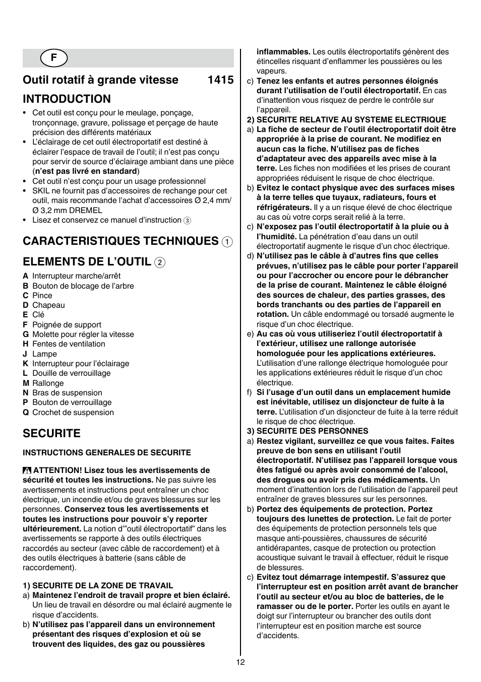 Outil rotatif à grande vitesse 1415 introduction, Securite | Skil 1415 AC User Manual | Page 12 / 188