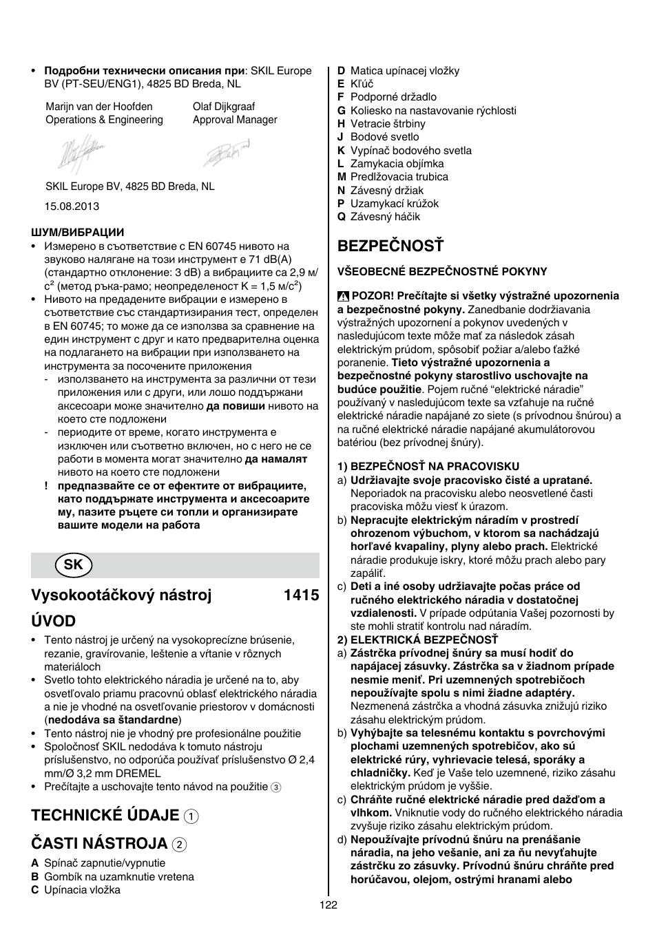 Vysokootáčkový nástroj 1415 úvod, Technické údaje 1 časti nástroja 2, Bezpečnosť | Skil 1415 AC User Manual | Page 122 / 188
