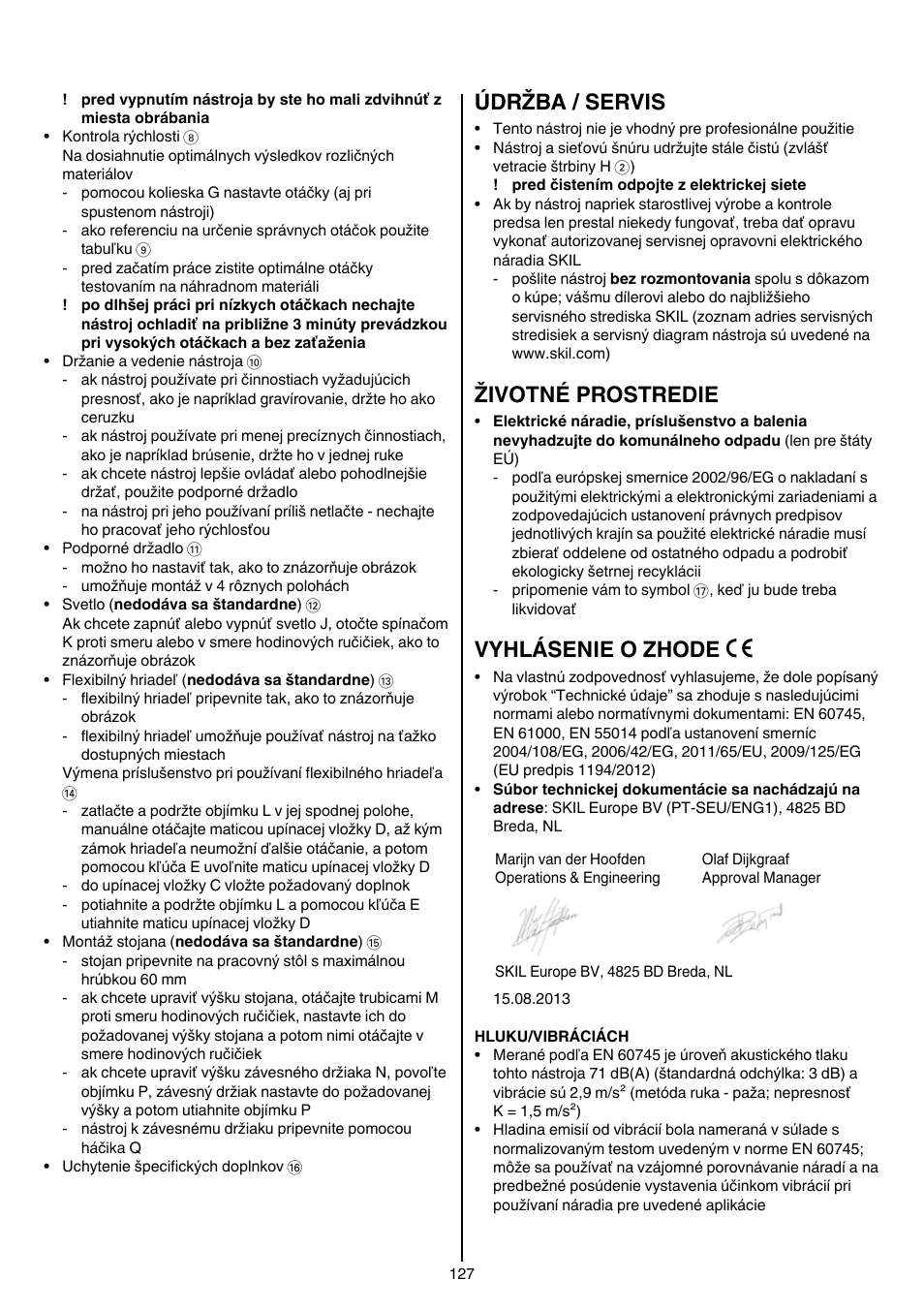 Údržba / servis, Životné prostredie, Vyhlásenie o zhode | Skil 1415 AC User Manual | Page 127 / 188