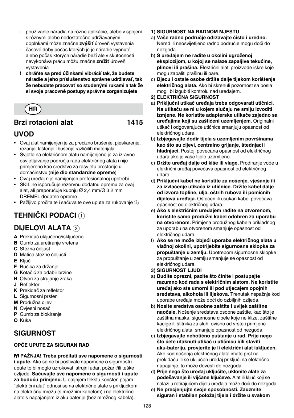 Brzi rotacioni alat 1415 uvod, Tehnički podaci 1 dijelovi alata 2, Sigurnost | Skil 1415 AC User Manual | Page 128 / 188