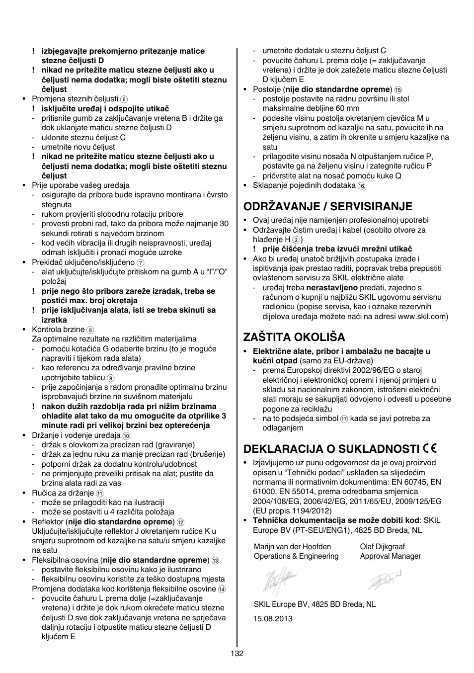 Održavanje / servisiranje, Zaštita okoliša, Deklaracija o sukladnosti | Skil 1415 AC User Manual | Page 132 / 188
