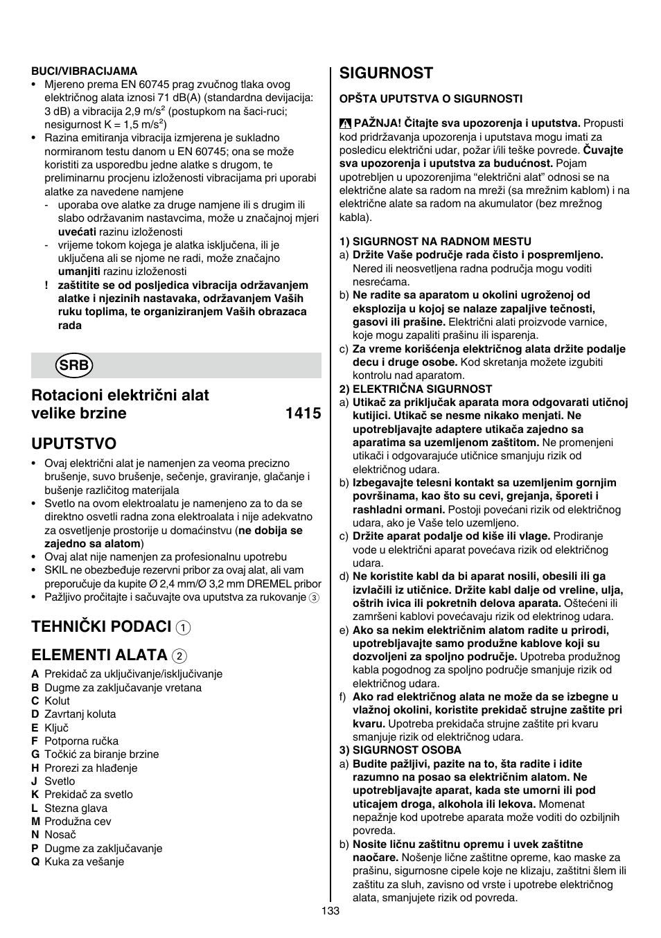 Tehnički podaci 1 elementi alata 2, Sigurnost | Skil 1415 AC User Manual | Page 133 / 188