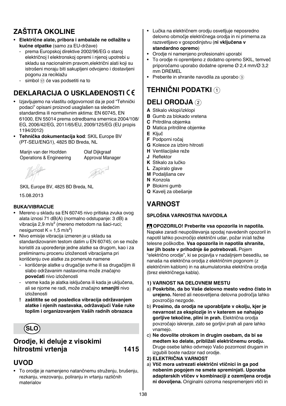 Zaštita okoline, Deklaracija o usklađenosti, Tehnični podatki 1 deli orodja 2 | Varnost | Skil 1415 AC User Manual | Page 138 / 188