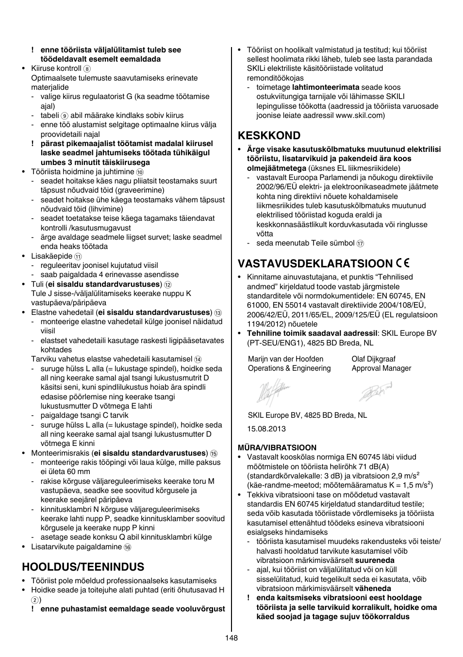 Hooldus/teenindus, Keskkond, Vastavusdeklaratsioon | Skil 1415 AC User Manual | Page 148 / 188