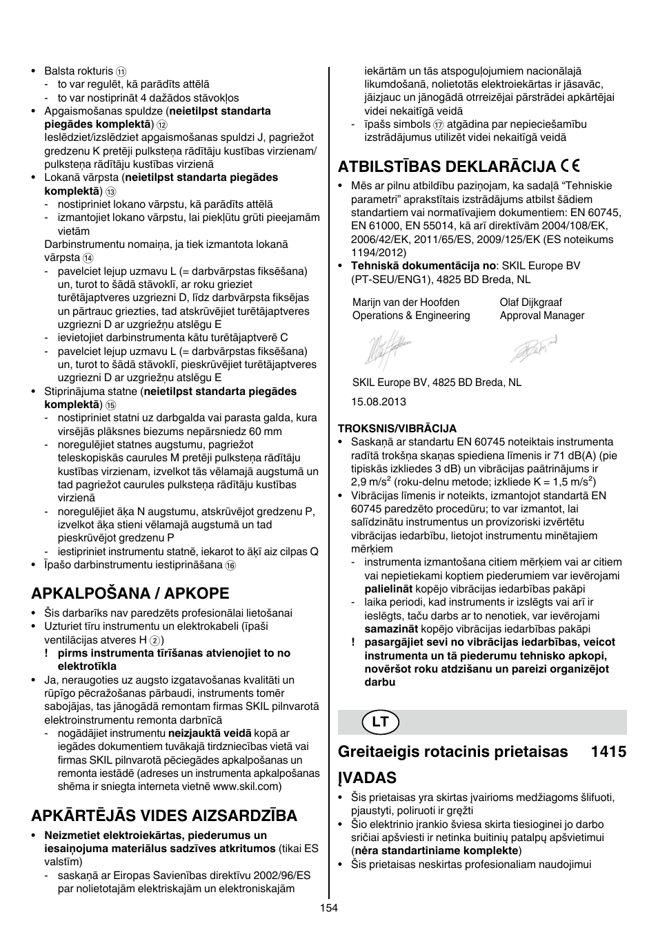 Apkalpošana / apkope, Apkārtējās vides aizsardzība, Atbilstības deklarācija | Greitaeigis rotacinis prietaisas 1415 įvadas | Skil 1415 AC User Manual | Page 154 / 188