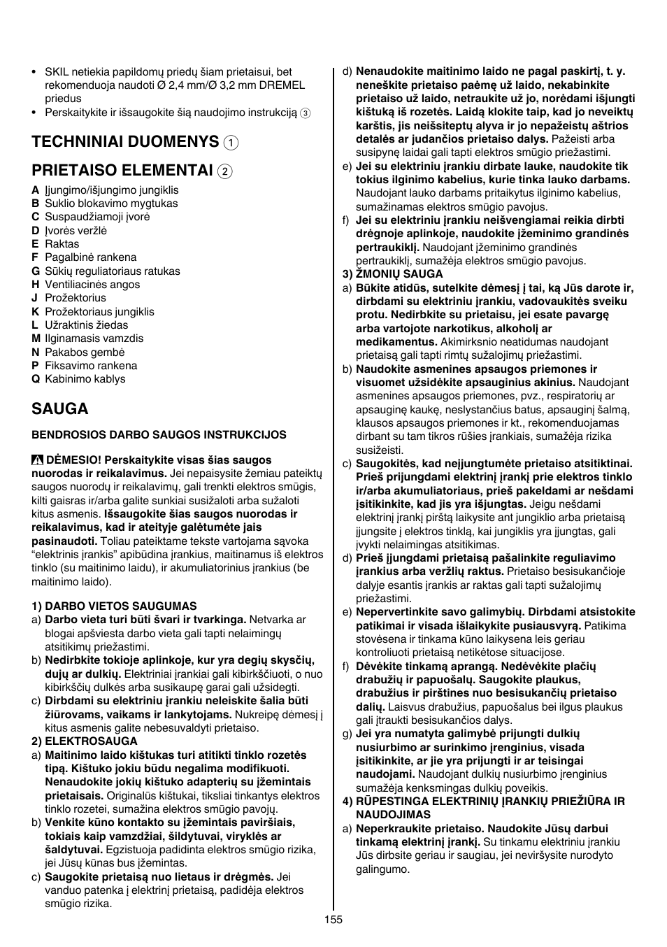 Techniniai duomenys 1 prietaiso elementai 2, Sauga | Skil 1415 AC User Manual | Page 155 / 188