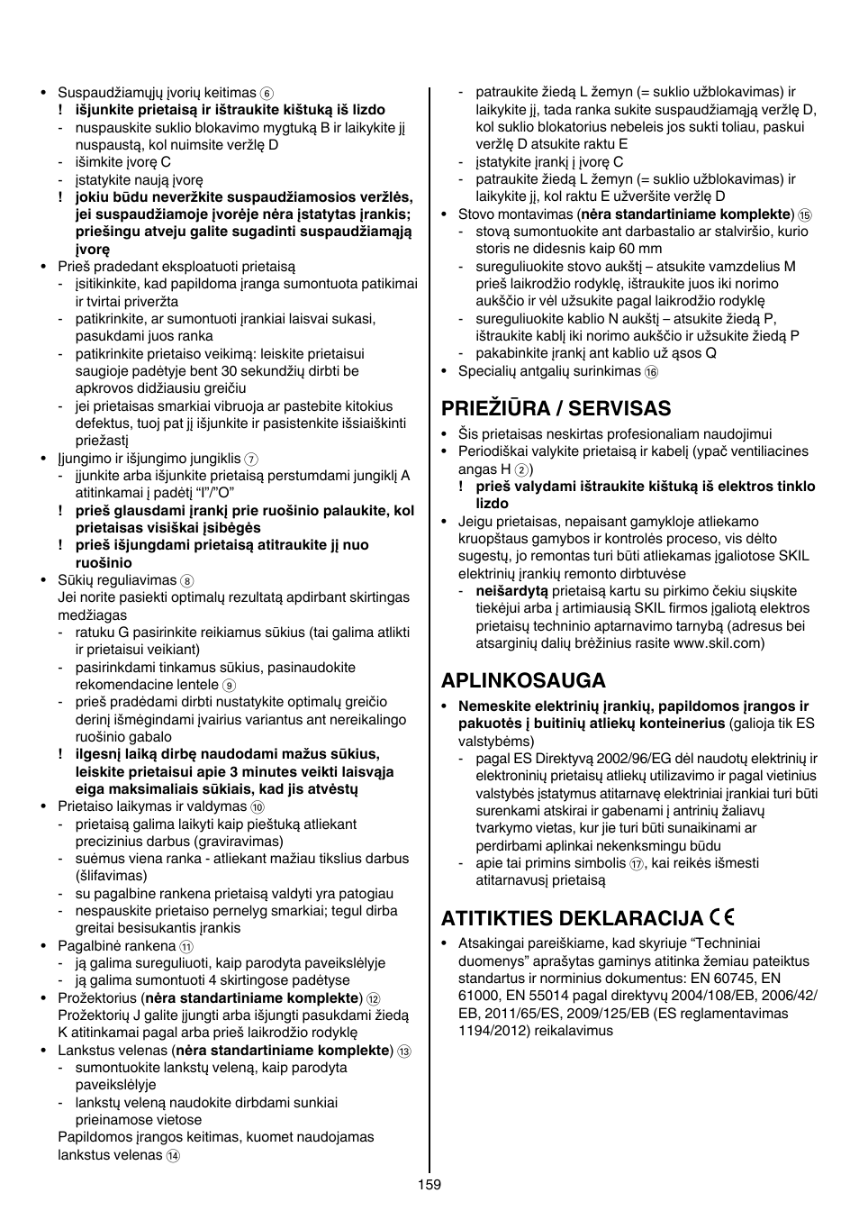 Priežiūra / servisas, Aplinkosauga, Atitikties deklaracija | Skil 1415 AC User Manual | Page 159 / 188