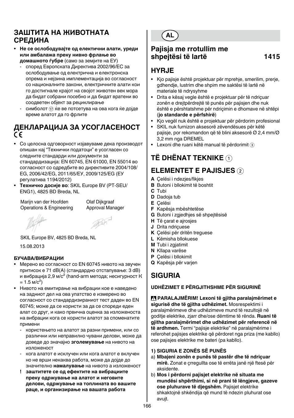 Заштита на животната средина, Декларација за усогласеност, Të dhënat teknike 1 elementet e pajisjes 2 | Siguria | Skil 1415 AC User Manual | Page 166 / 188