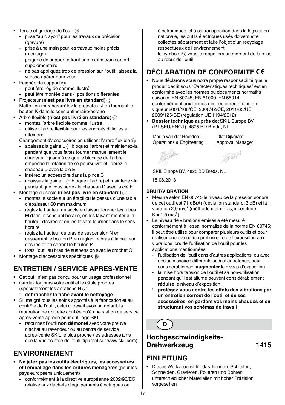 Entretien / service apres-vente, Environnement, Déclaration de conformite | Hochgeschwindigkeits- drehwerkzeug 1415 einleitung | Skil 1415 AC User Manual | Page 17 / 188