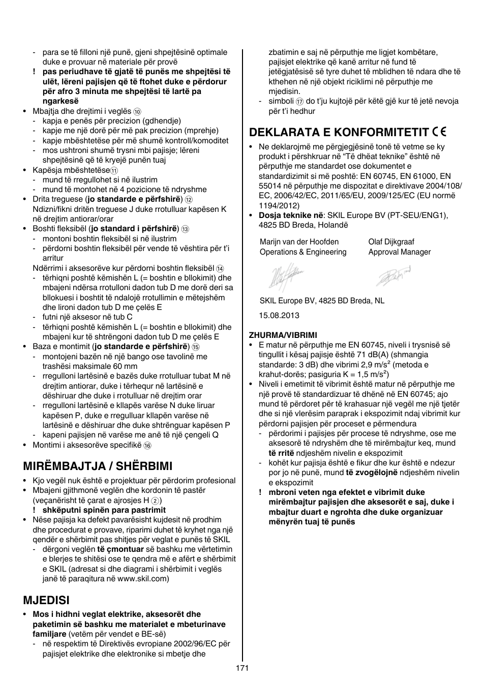 Mirëmbajtja / shërbimi, Mjedisi, Deklarata e konformitetit | Skil 1415 AC User Manual | Page 171 / 188