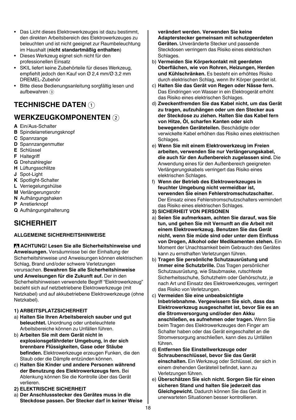 Technische daten 1 werkzeugkomponenten 2, Sicherheit | Skil 1415 AC User Manual | Page 18 / 188