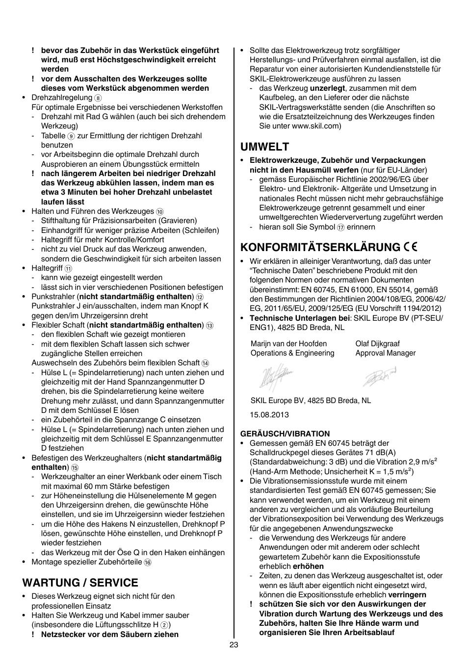 Wartung / service, Umwelt, Konformitätserklärung | Skil 1415 AC User Manual | Page 23 / 188