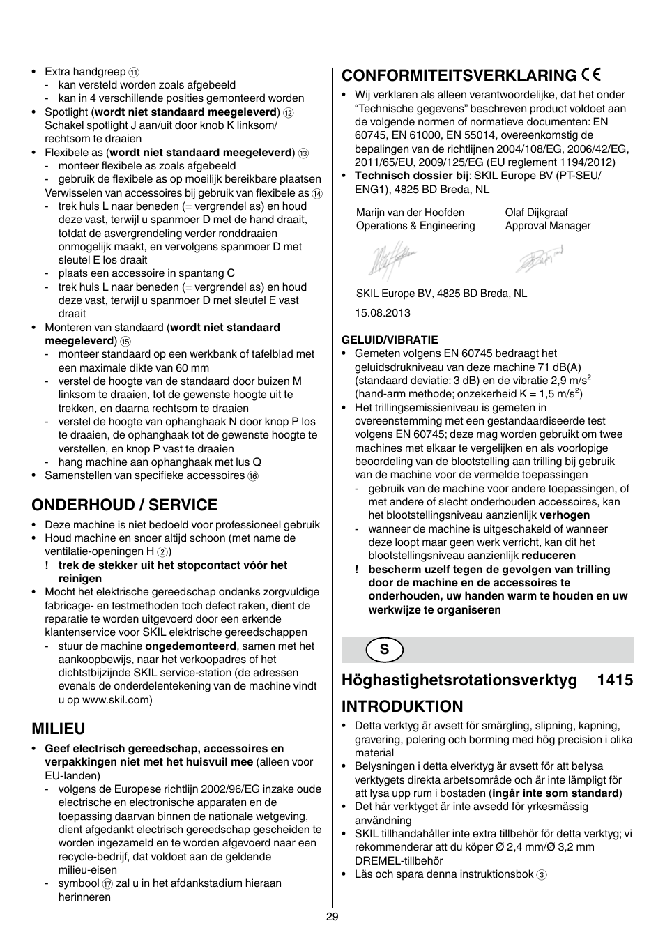 Onderhoud / service, Milieu, Conformiteitsverklaring | Höghastighetsrotationsverktyg 1415 introduktion | Skil 1415 AC User Manual | Page 29 / 188