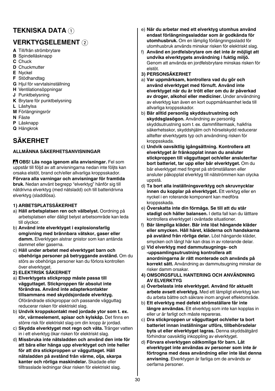Tekniska data 1 verktygselement 2, Säkerhet | Skil 1415 AC User Manual | Page 30 / 188