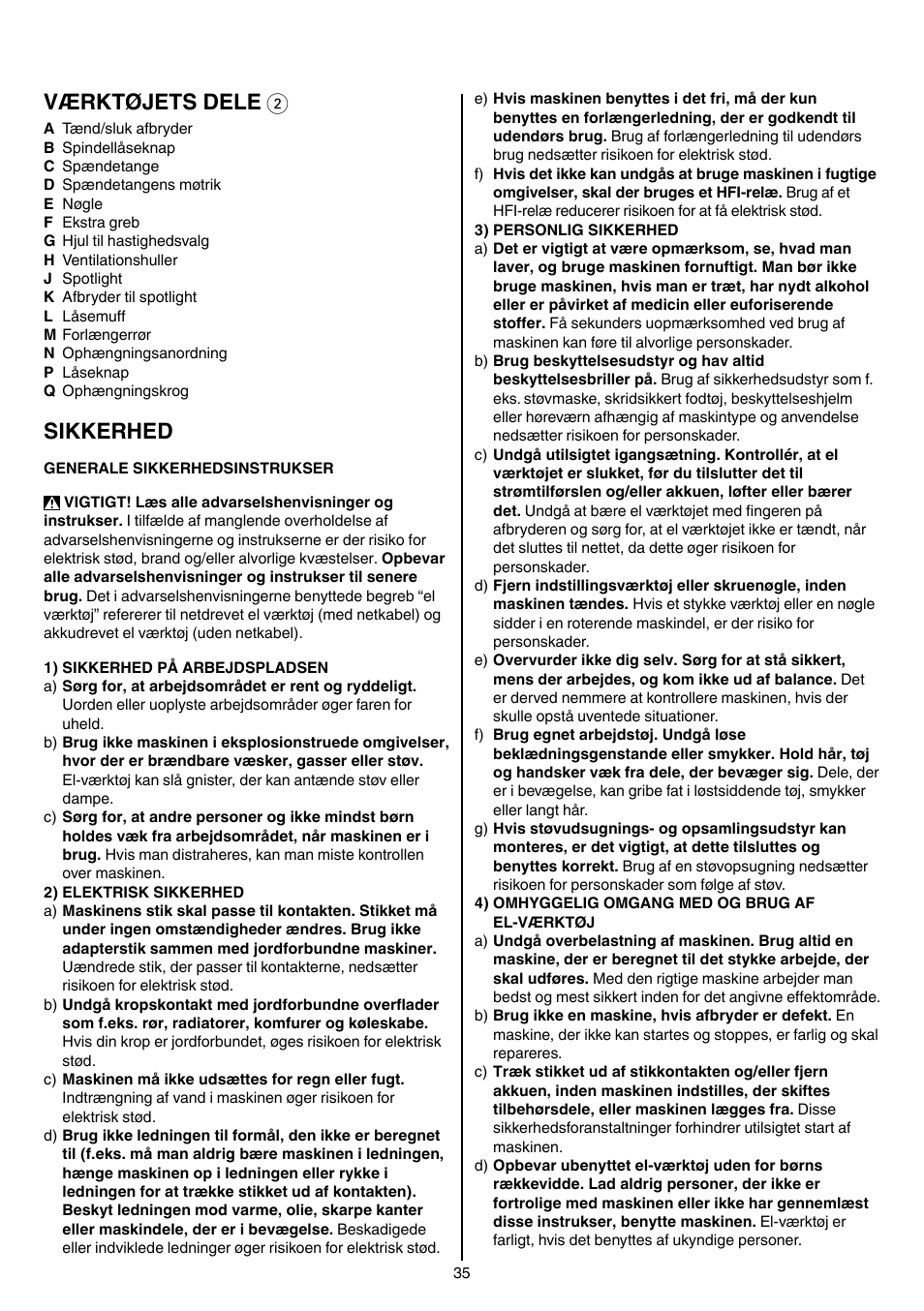 Værktøjets dele 2, Sikkerhed | Skil 1415 AC User Manual | Page 35 / 188