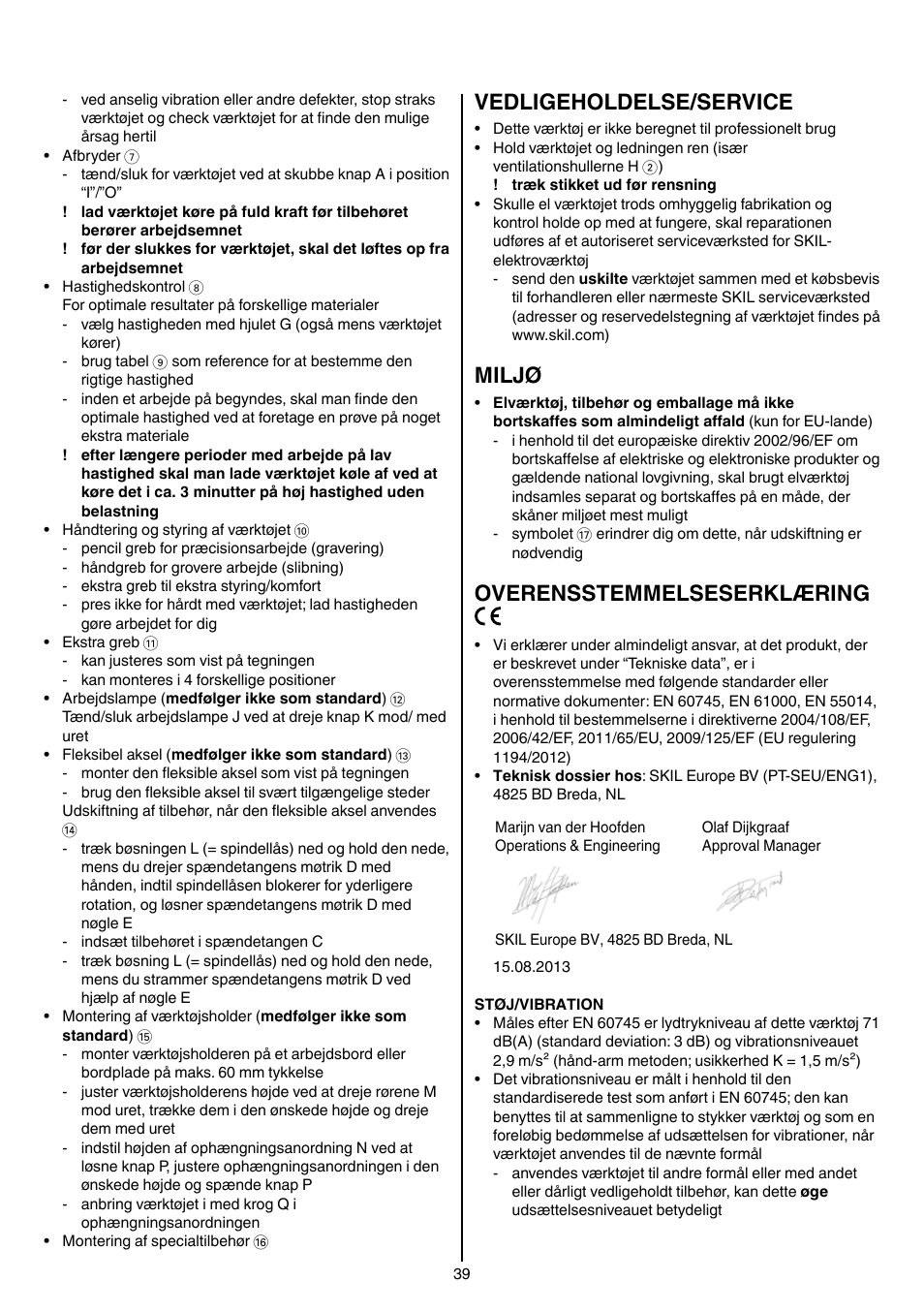 Vedligeholdelse/service, Miljø, Overensstemmelseserklæring | Skil 1415 AC User Manual | Page 39 / 188