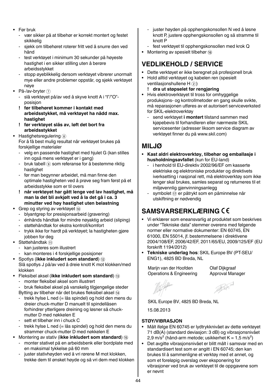 Vedlikehold / service, Miljø, Samsvarserklæring | Skil 1415 AC User Manual | Page 44 / 188