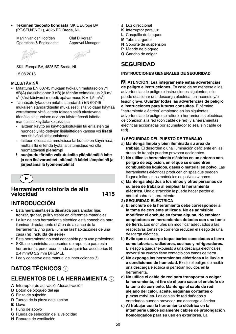 Datos técnicos 1 elementos de la herramienta 2, Seguridad | Skil 1415 AC User Manual | Page 50 / 188