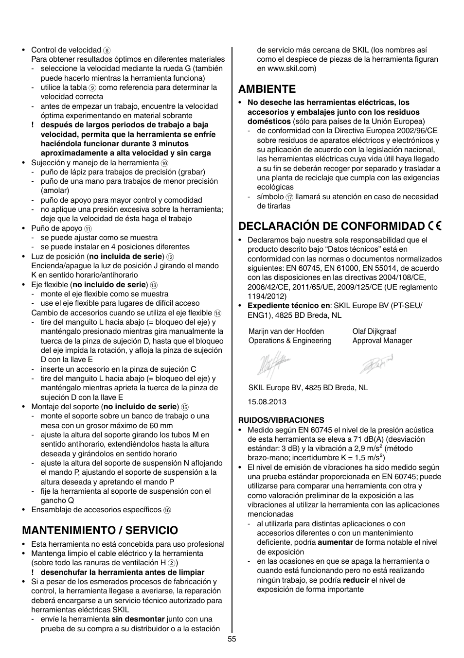 Mantenimiento / servicio, Ambiente, Declaración de conformidad | Skil 1415 AC User Manual | Page 55 / 188
