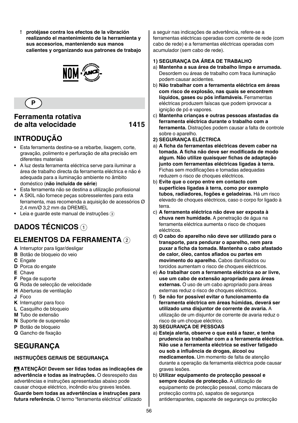 Dados técnicos 1 elementos da ferramenta 2, Segurança | Skil 1415 AC User Manual | Page 56 / 188