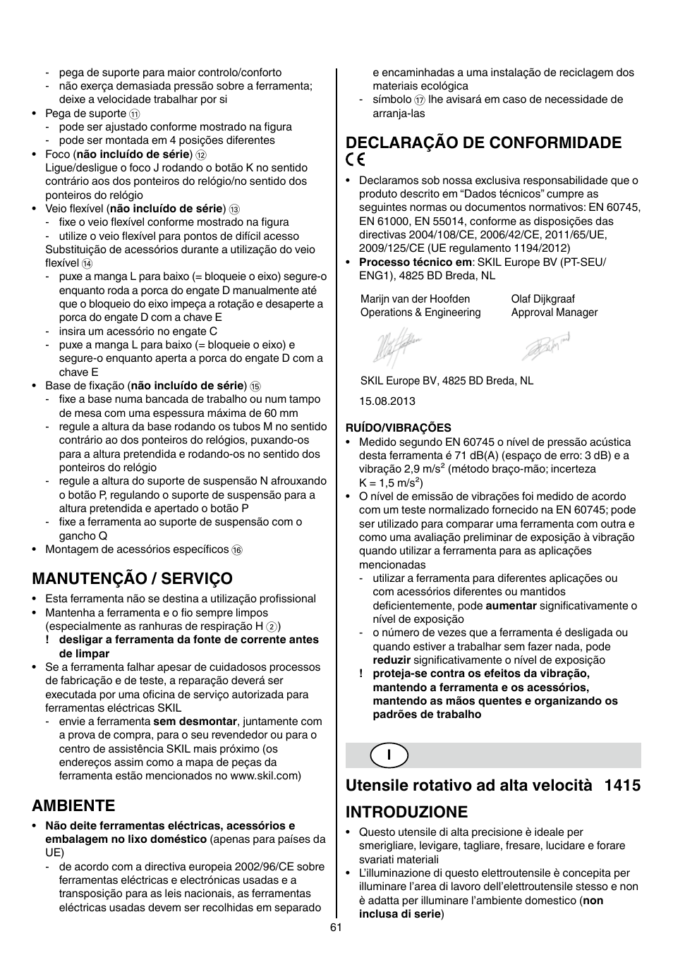 Manutenção / serviço, Ambiente, Declaração de conformidade | Skil 1415 AC User Manual | Page 61 / 188