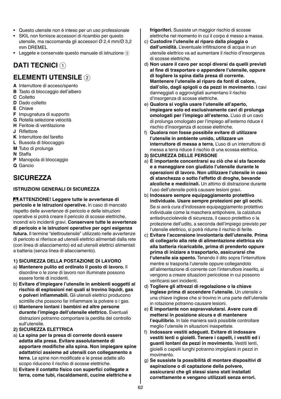 Dati tecnici 1 elementi utensile 2, Sicurezza | Skil 1415 AC User Manual | Page 62 / 188