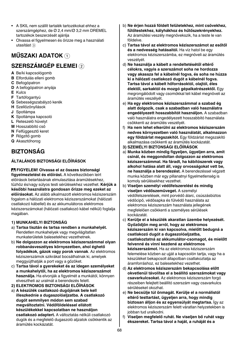 Műszaki adatok 1 szerszámgép elemei 2, Biztonság | Skil 1415 AC User Manual | Page 68 / 188