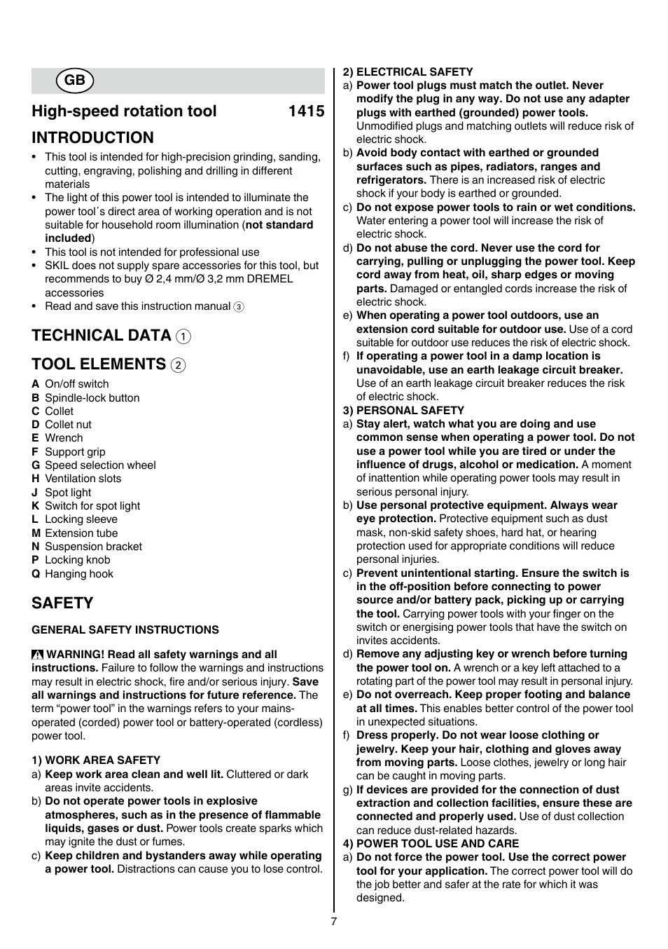 High-speed rotation tool 1415 introduction, Technical data 1 tool elements 2, Safety | Skil 1415 AC User Manual | Page 7 / 188