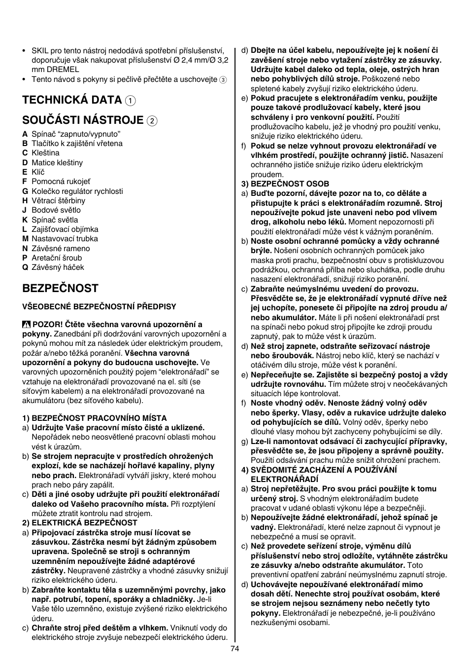 Technická data 1 součásti nástroje 2, Bezpečnost | Skil 1415 AC User Manual | Page 74 / 188