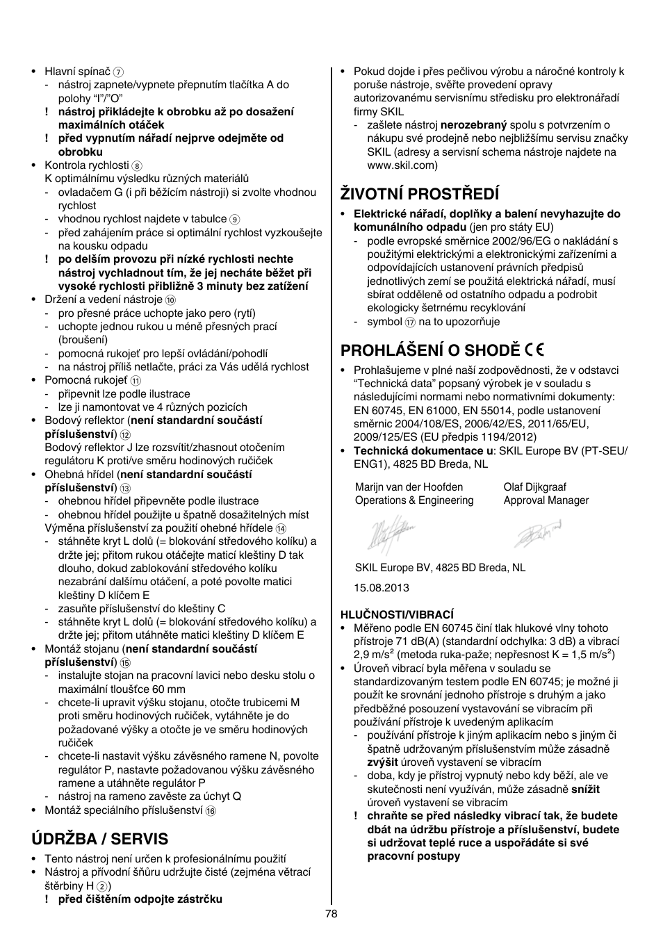 Údržba / servis, Životní prostředí, Prohlášení o shodě | Skil 1415 AC User Manual | Page 78 / 188