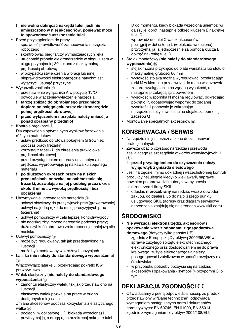 Konserwacja / serwis, Środowisko, Deklaracja zgodności | Skil 1415 AC User Manual | Page 89 / 188