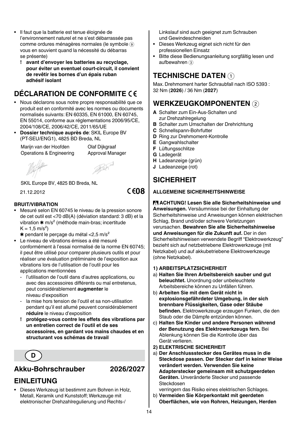 Déclaration de conformite, Technische daten 1, Werkzeugkomponenten 2 | Sicherheit | Skil 2026 AA User Manual | Page 14 / 132