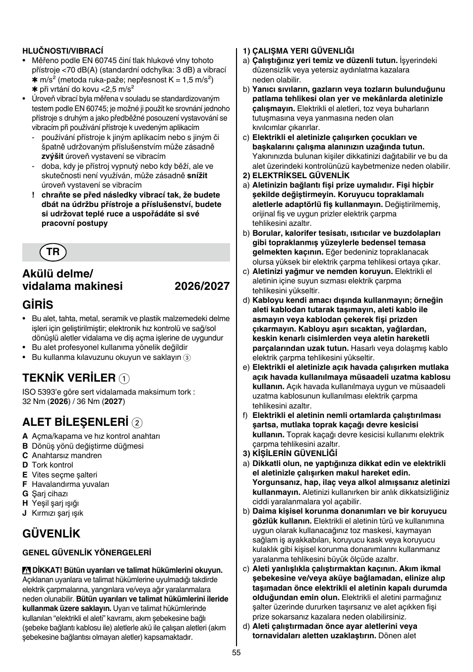 Teknik veriler 1, Alet bileşenleri 2, Güvenlik | Skil 2026 AA User Manual | Page 55 / 132