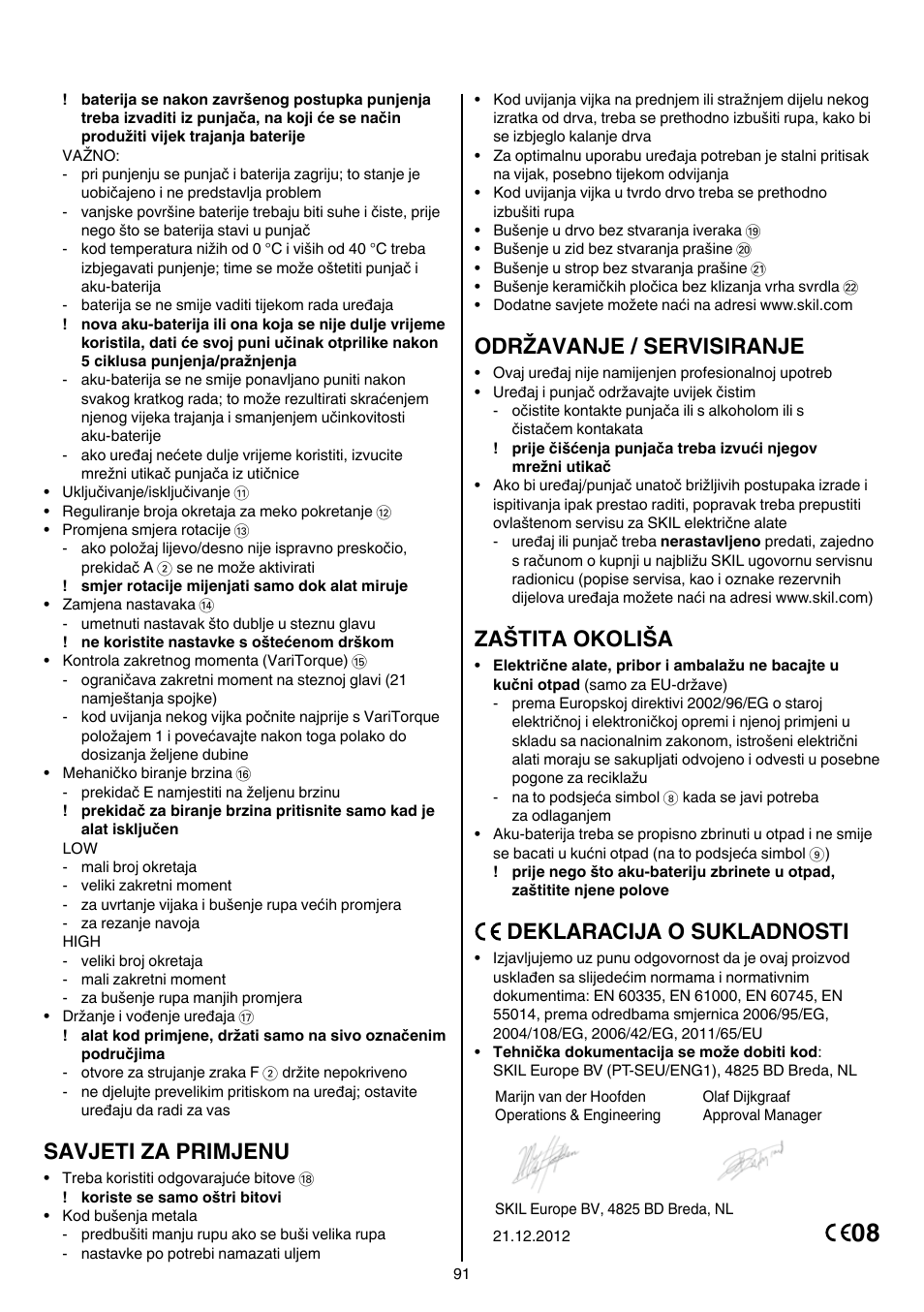 Savjeti za primjenu, Održavanje / servisiranje, Zaštita okoliša | Deklaracija o sukladnosti | Skil 2026 AA User Manual | Page 91 / 132