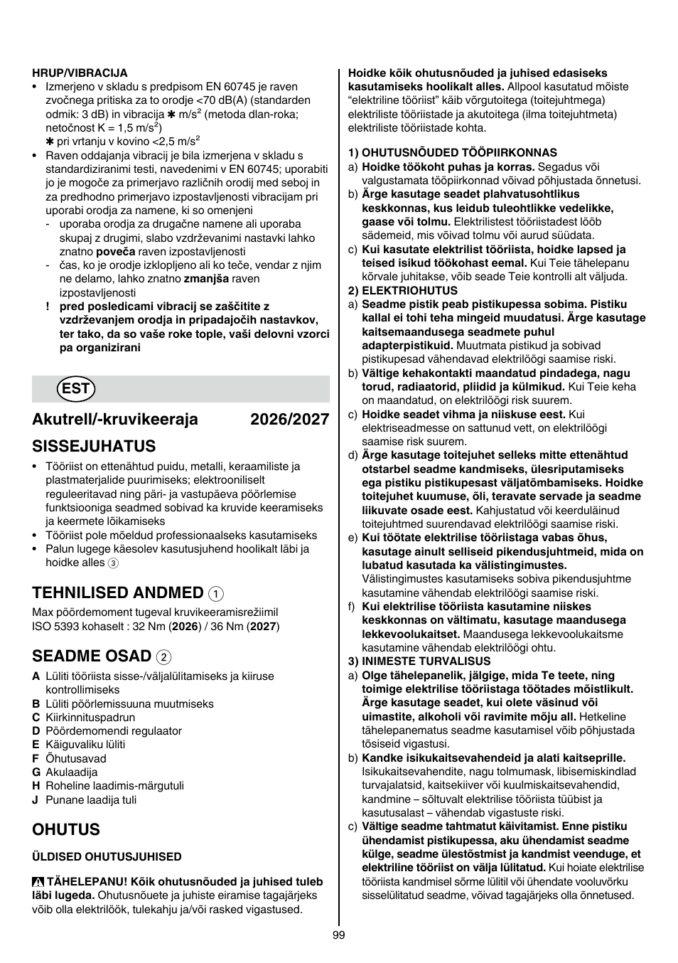 Tehnilised andmed 1, Seadme osad 2, Ohutus | Skil 2026 AA User Manual | Page 99 / 132