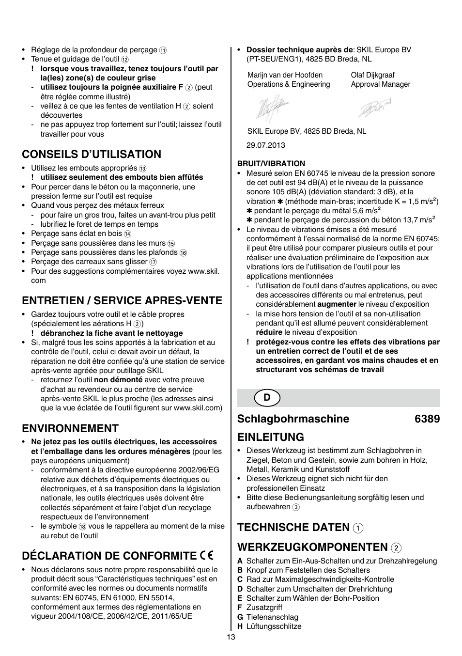 Conseils d’utilisation, Entretien / service apres-vente, Environnement | Déclaration de conformite, Schlagbohrmaschine 6389 einleitung, Technische daten 1 werkzeugkomponenten 2 | Skil 6389 AG User Manual | Page 13 / 108