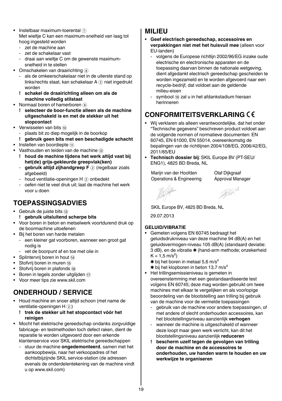 Toepassingsadvies, Onderhoud / service, Milieu | Conformiteitsverklaring | Skil 6389 AG User Manual | Page 19 / 108
