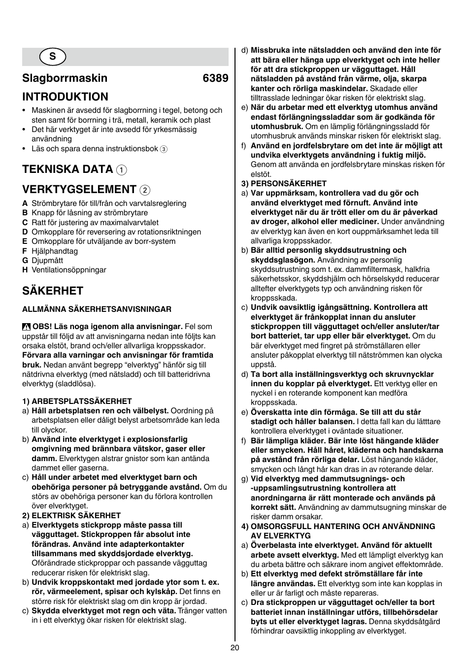 Slagborrmaskin 6389 introduktion, Tekniska data 1 verktygselement 2, Säkerhet | Skil 6389 AG User Manual | Page 20 / 108