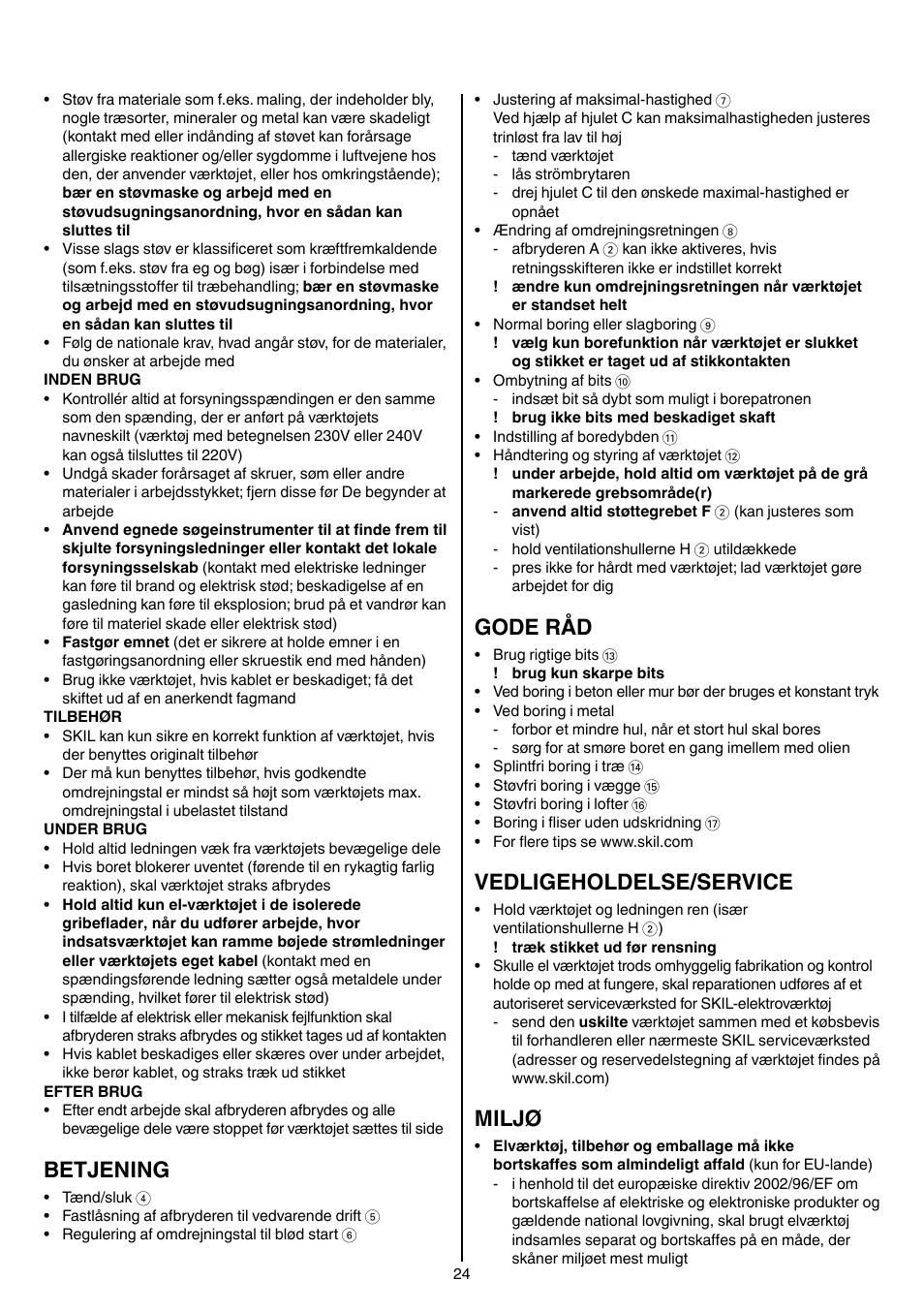 Betjening, Gode råd, Vedligeholdelse/service | Miljø | Skil 6389 AG User Manual | Page 24 / 108